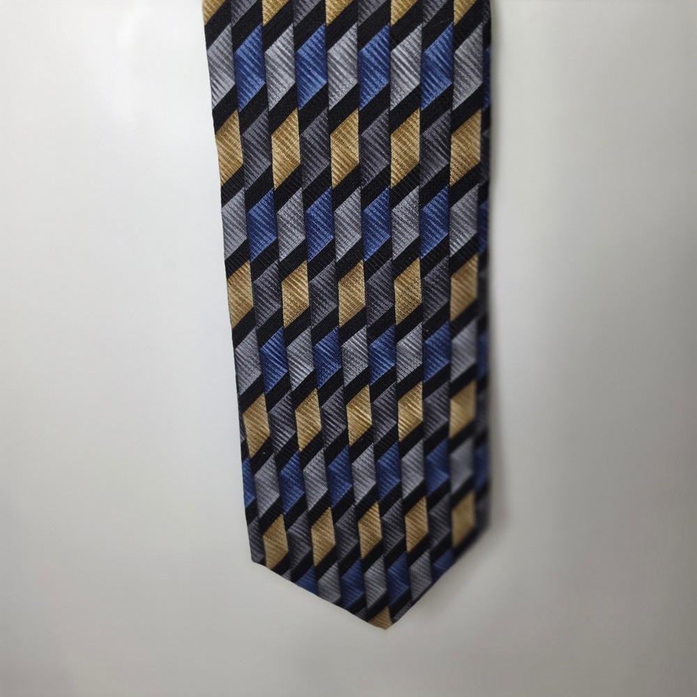 Vintage Louis Feraud Silk Tie Mens Geometric Striped Pattern Blue Gold Black